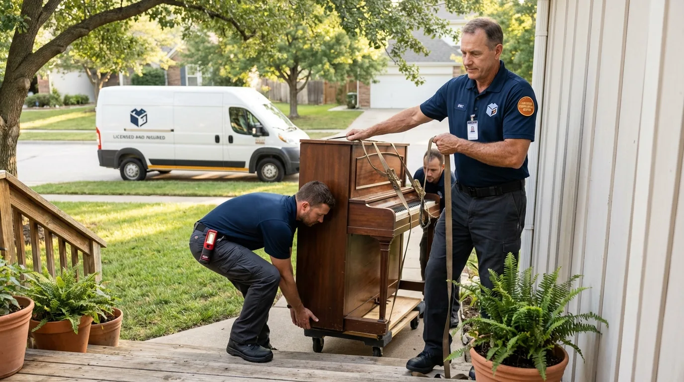 Licensed piano movers securing grand piano in Hollywood, SC