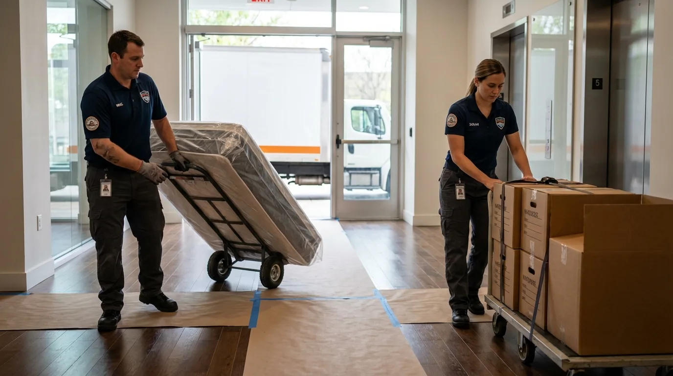 Professional apartment movers loading elevator in Hollywood, SC