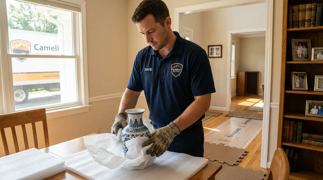 Professional crew carefully wrapping antique vase for senior downsizing move in Hollywood, SC